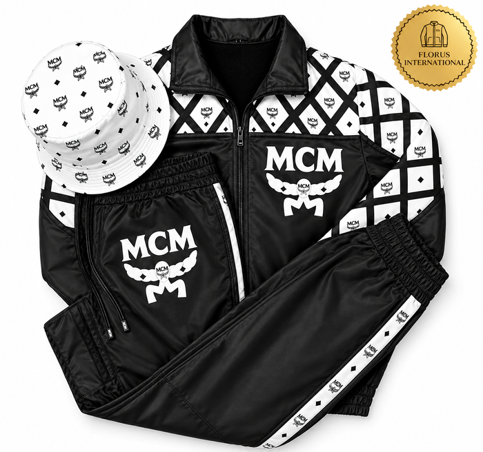 MCM Inspired Leather Set Black White Leather Jacket Pants with Hat