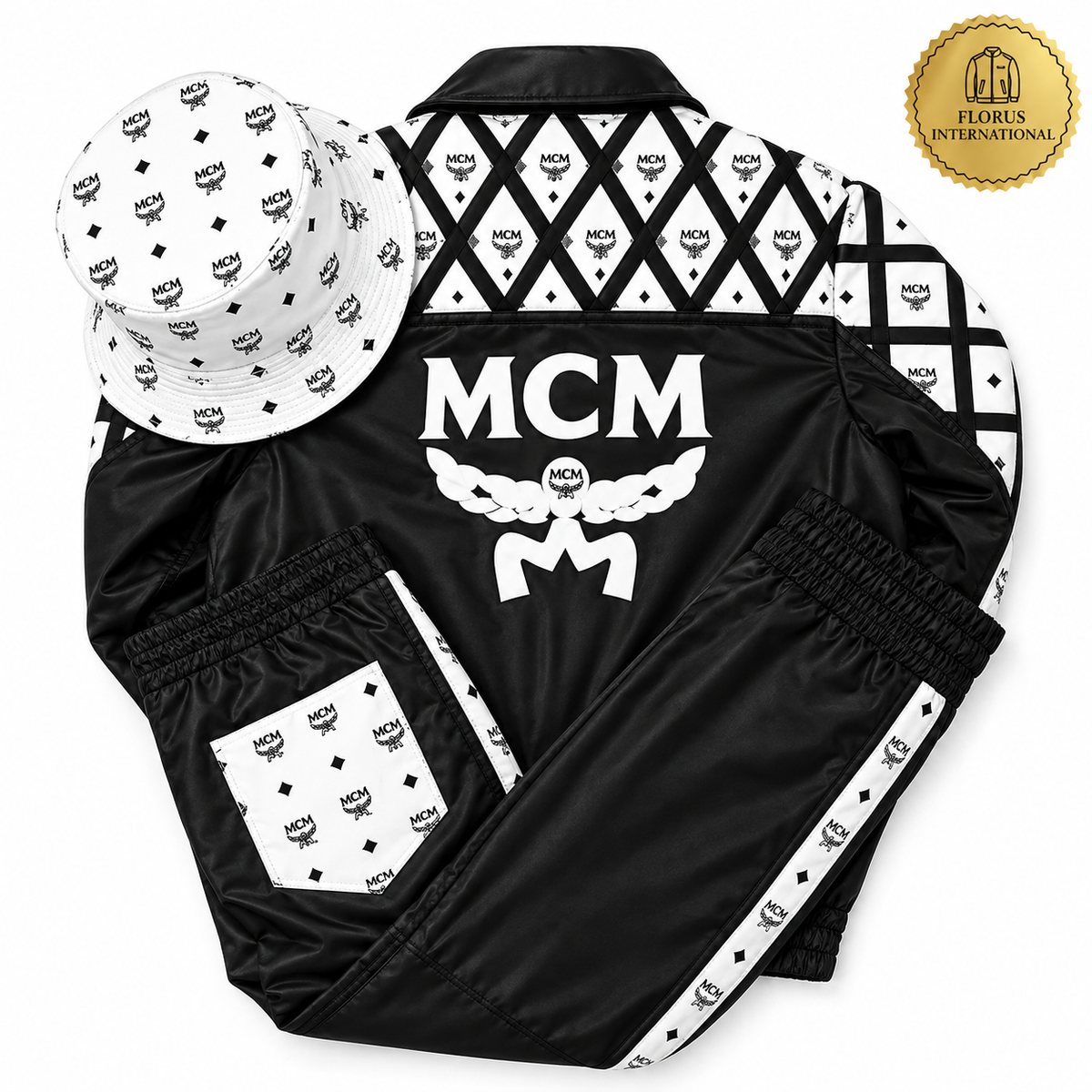 MCM Inspired Leather Set  Black White Leather Jacket Pants with Hat