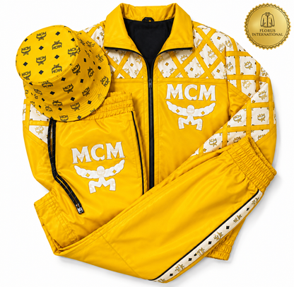 MCM Inspired Leather Set  yellow Leather Jacket Pants with Hat