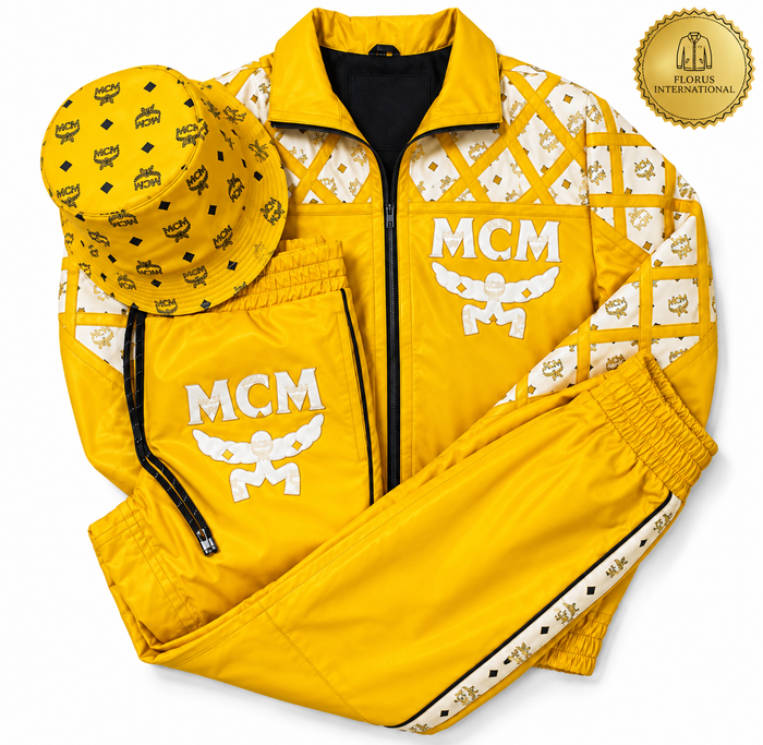 MCM Inspired Leather Set  yellow Leather Jacket Pants with Hat