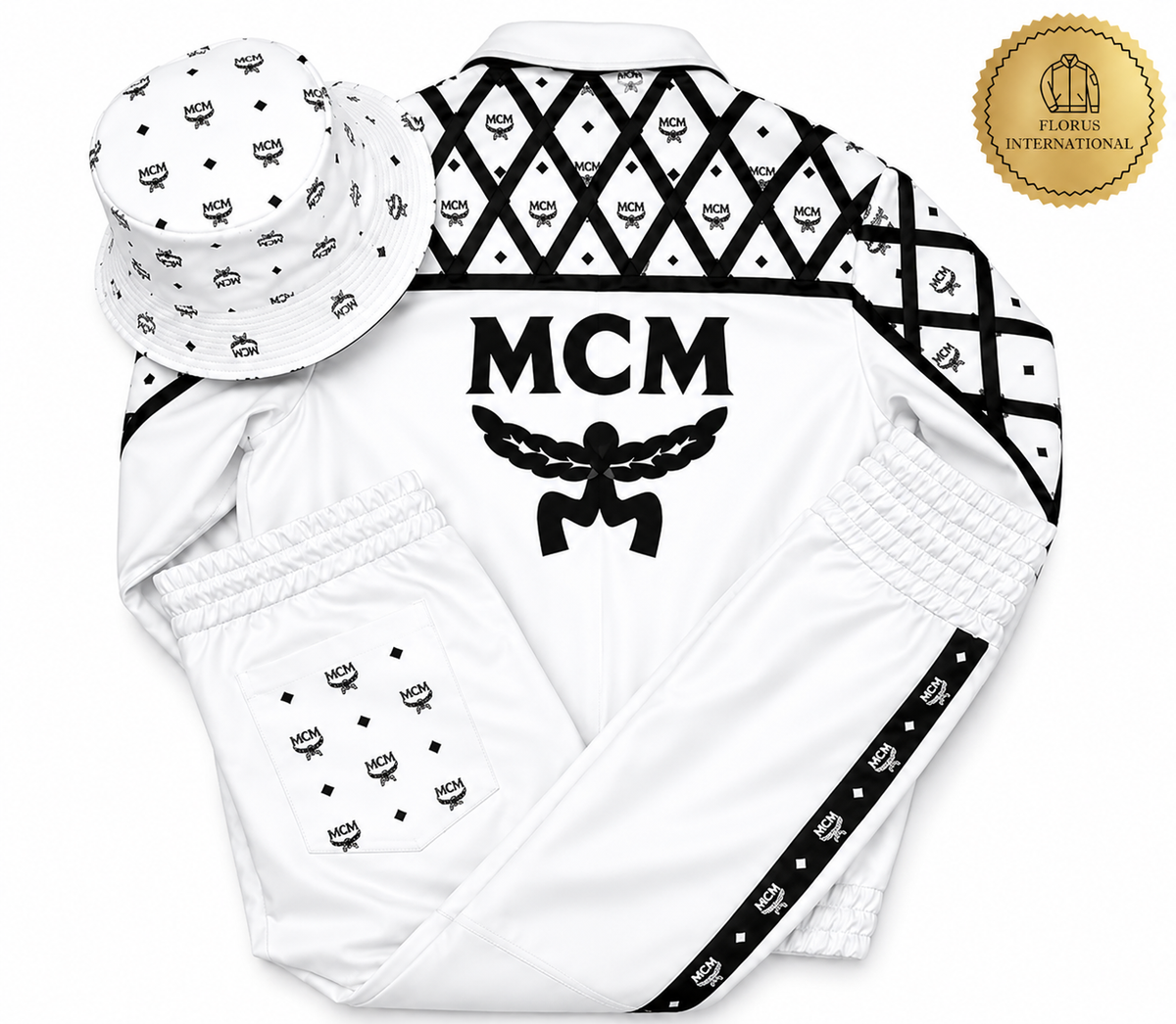 MCM Inspired Leather Set White Leather Jacket Pants with Hat