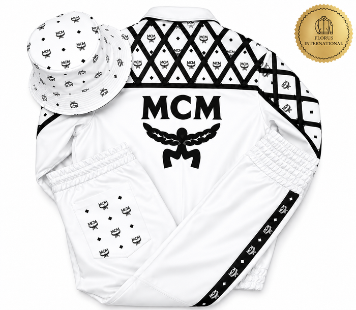 MCM Inspired Leather Set White Leather Jacket Pants with Hat