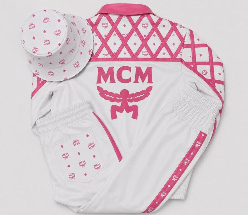 MCM Inspired Leather  Set White Pink Leather Jacket Pants with Hat