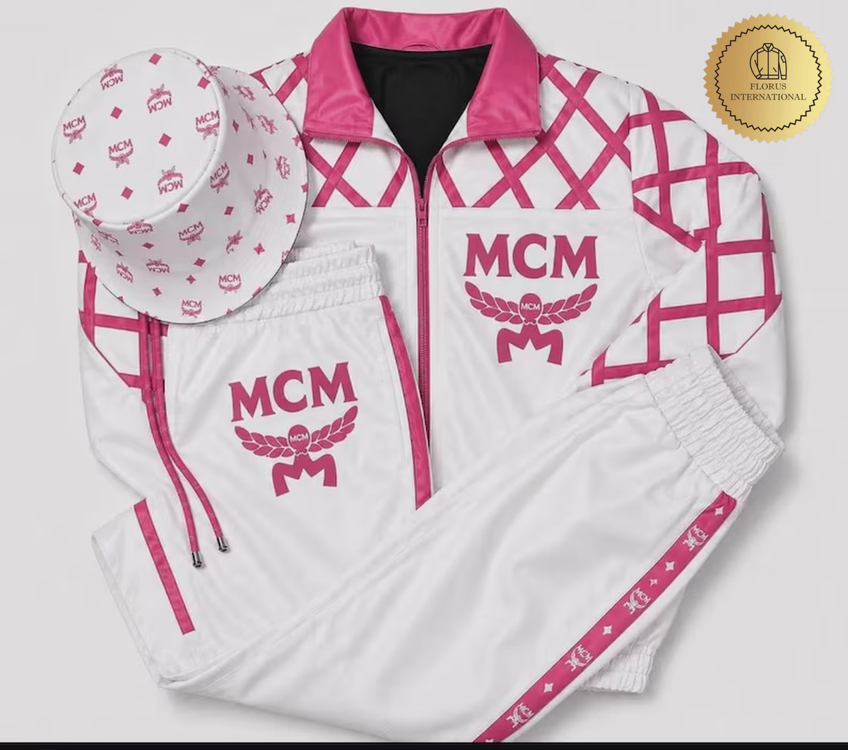 MCM Inspired Leather  Set White Pink Leather Jacket Pants with Hat