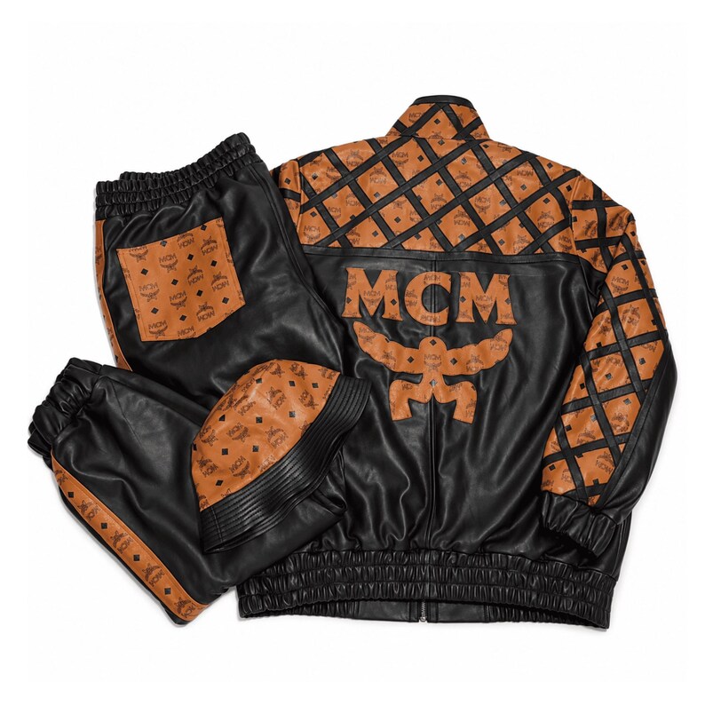 MCM Inspired Leather Set Black Brown Leather Jacket Pants with Hat