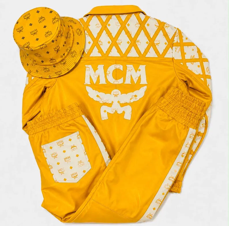 MCM Inspired Leather Set  yellow Leather Jacket Pants with Hat