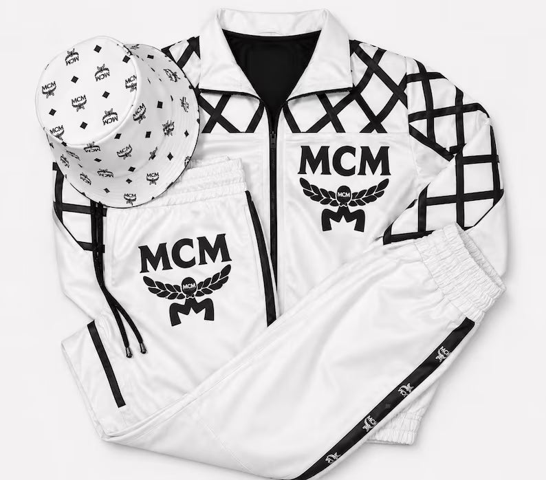 MCM Inspired Leather Set White Leather Jacket Pants with Hat