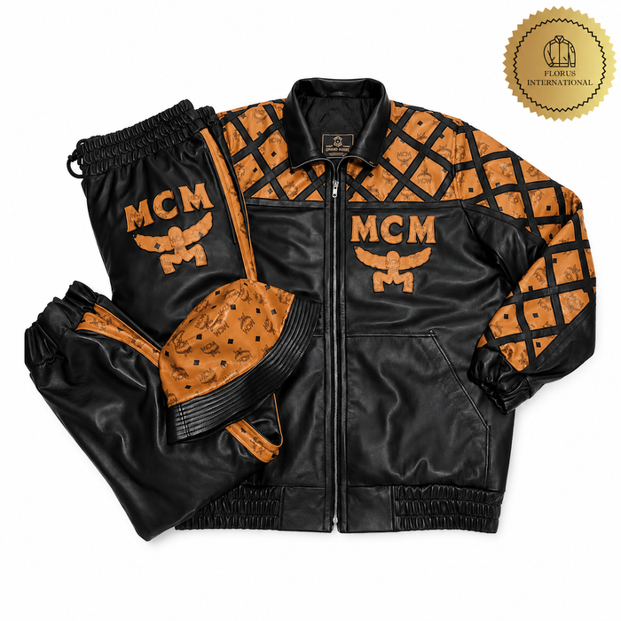 MCM Inspired Leather Set Black Brown Leather Jacket Pants with Hat
